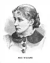 Une femme en habit du dix-neuvième siècle, regardant vers sa droite.