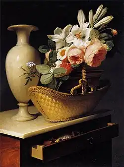 Bouquet de lis et de roses dans une corbeille posée sur une chiffonnière (1814), Paris, musée du Louvre.