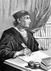 gravure en noir et blanc représentant un homme assis écrivant avec une plume
