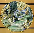 Apollon et Daphné, majolique d'Urbino à décor polychrome historié XVIe siècle.