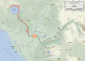 Plan du Latium avec l'Aqua Traiana en rouge.