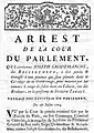 Arrest de la cour du parlement 28 juillet 1774, qui condamne Joseph Grodemanche dit Bellehumeur, signé Vandive (1/4).