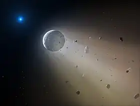 Vue d'artiste de la planète rocheuse WD 1145+017 b vaporisée par son étoile hôte