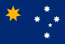 Propositions : 2/3. Étoile de la fédération jaune dans le canton, avec cinq étoiles blanches formant la Croix du Sud à droite, sur fond bleu