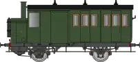 Autorail de forme rectangulaire avec une livrée verte, six fenêtres et deux portes à l'arrière délimitent la partie voyageur tandis qu'une cheminée surplombe le capot tout à l'avant.