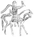 Le roi indo-sace Azes II revêtu de la cataphracte de cavalier cuirassé (croquis d'après une pièce de monnaie du Ier&nbsp;siècle&nbsp;av. J.-C.).