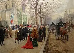 Vue d'ensemble d'une rue à la sortie d'une église, des femmes attendant une voiture à cheval sur le côté.