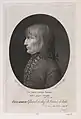 Gravure montrant un visage de jeune homme aux cheveux longs de profil vers la gauche