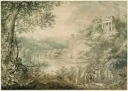 Paysage idyllique avec un temple et un aqueduc