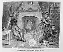 Gravure en noir et blanc présentant un intérieur du XIXe siècle dans lequel circule une boule de feu à la vue d'une famille affolée.