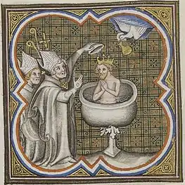 Le baptême de Clovis représenté dans une enluminure des Grandes Chroniques de France de Charles V, vers 1370-1379.