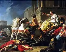 Tullia, fille cadette de « Macstrna », passant son char sur le corps de son défunt père. Huile de l'artiste-peintre français Jean Bardin, 1765.