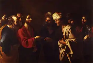 Bartolomeo Manfredi (1582-1622). Le tribut à César, vers 1610-1620. Huile sur toile, 130&nbsp;×&nbsp;191&nbsp;cm. Florence, Galerie des Offices.