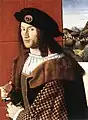 Bartolomeo Veneto exécuta ce portrait présumé d'Angelo Gabriel, dont le dessin échiqueté des manches du vêtement a été mis en relation avec les armoiries de sa famille.