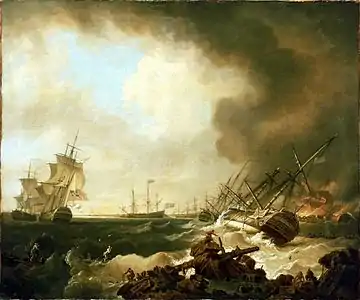 Tableau d’une bataille navale, aux teintes dominantes jaune et noir.
