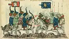 Photographie d'une miniature montrant deux groupes d'archers de cavalerie combattre.