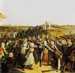 Huile sur toile représentant des femmes qui barrent le passage à des soldats vendéens pour les ramener au combat.