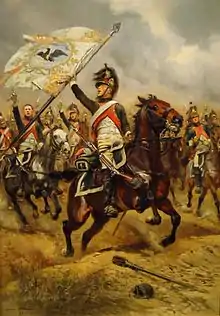 Prise d'un drapeau prussien par le 4e&nbsp;régiment de dragons, en 1806, huile sur toile, 65,5&nbsp;×&nbsp;44,5&nbsp;cm, Paris, musée de l'Armée.