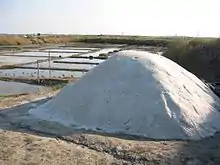 Vue d’un tas de sel, en premier plan d’étiers de marais salant.