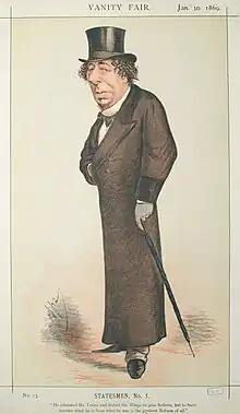 Caricature d'un homme aux traits tirés portant une longue redingote, une canne et un chapeau melon.