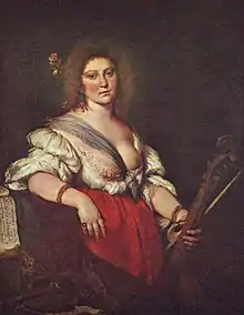 Une femme avec une viole dans la main, sa tenue dévoile un sein