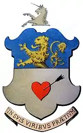 Représentation du blason de la famille noble d'Albert où figure le blasonnement expliqué dans le texte avec une partie bleue au-dessus avec un lion ainsi que du gris au-dessous avec un cœur de flèche.