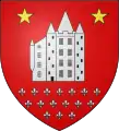 après 1817 de gueules, au château de Temple d’argent, accompagné en chef de deux étoiles d’or et en pointe de seize fleurs-de-lis d’argent, 7, 6 et 3 (armorial de Riestap).