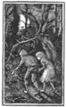 Dessin monochrome de deux enfants, le dos courbé, progressant sur un chemin forestier à la lueur de la lune.
