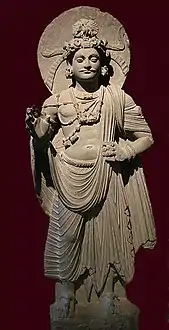 Bodhisattva, art du Gandhâra, Ier – IIIe siècle Empire kouchan. Schiste H : 120 cm. Pakistan.