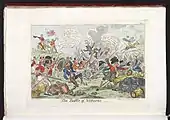Caricature en couleur montrant des soldats sur un champ de bataille.