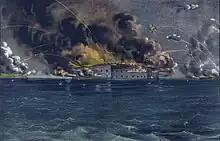 Illustration en couleur représentant le Fort Sumter bombardé.