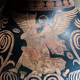 Enlèvement d'Orithye par Borée, œnochoé apulienne à figures rouges du Peintre de Salting, v. 360 av. J.-C., musée du Louvre