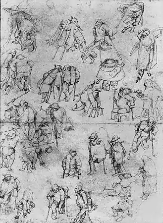 Mendiants et estropiés, dessin à la plume et encre marron sur papier (26,5&nbsp;×&nbsp;19,8&nbsp;cm), Bibliothèque royale de Belgique.