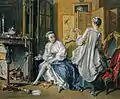 François Boucher, La Toilette (1742): la dame porte des mules à la chinoise et le paravent est dans le goût chinois.
