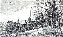 Croquis du côté du manoir avec un arbre au premier plan.