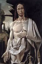 Image d'un personnage dénudé, cheveux longs dont la main gauche sur son torse, tient le linceul. Sa main droite paume vers le spectateur est le long du corps. En arrière-plan, à gauche, un paysage nocturne est éclairé par le clair de lune. À droite, dans l'obscurité se trouvent des formes architecturales sommaires de nature classique.