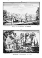 En haut l'entrée du domaine vers 1719, le dernier vestige à être démoli en 1883 ; en bas le château vers 1728-1735 ; par Abraham Rademaker.