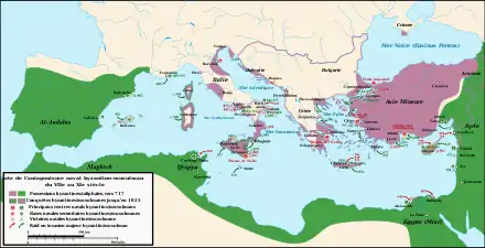 Carte montrant l'antagonisme navale romano-musulman du VIIe au XIe siècle