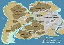 Carte du [[Gondwana]] où le [[Craton]] de Sao Luiz fait face au [[Métacraton du Sahara]]
