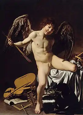 Toile montrant un jeune garçon ailé, tenant des flèches et enjambant des instruments de musique au pied d'un lit.