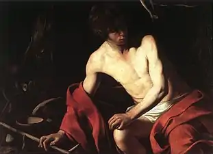 Personnage vu à mi-cuisse dont le corps subit une rotation identique à celle de Saint Jérôme.