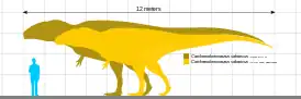 Mise à l'échelle de deux grands dinosaures jaune avec un homme.