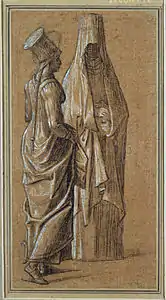 Deux femmes debout, dont une en robe mamelouk, entre 1495-1516, 23,2&nbsp;×&nbsp;12,1&nbsp;cm, pinceau et encre brune et lavis gris-brun, rehauts de gouache blanche sur pierre noire, et papier brun clair, Musée d'art de l'université de Princeton.