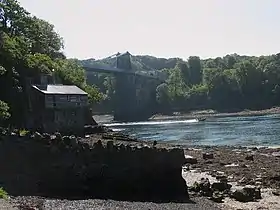 Vue de l'îlot avec le pont suspendu de Menai en arrière-plan, en 2009.
