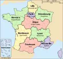 Carte des directions interrégionales des services pénitentiaires au 1er janvier 2017.