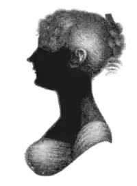 Fin profil gauche, franche bouclée, chignon