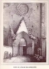 La façade occidentale et le portail, par J.-M. Cayla (1842, Toulouse monumentale et pittoresque).