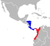 carte de l'Amérique du Sud et de l'Amérique centrale présentant la répartition entre les deux espèces du complexe C. capucinus et C. imitator.