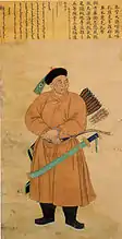 Cemcukjab, officier Qing. Ai Qimeng (Ignaz Sichelbart) (1708-1780) - Jin Tingbiao (entre 1757 et 1767). Peinture sur soie datée 1760, dans le style inspiré par Giuseppe Castiglione