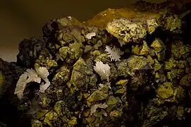 Cérusite, quartz, pyromorphite, mine des Farges, Ussel (Corrèze), (9,5&nbsp;×&nbsp;6,2&nbsp;cm ;  XX 1,2 cm)